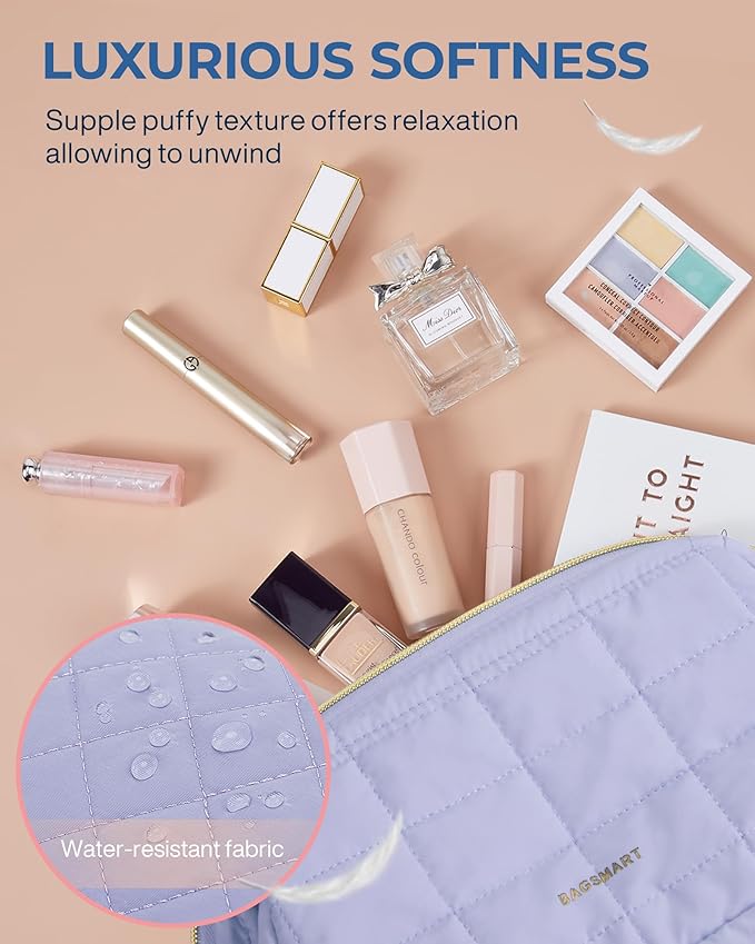 BAGSMART Makeup Bag Cosmetic Bag Wide Open, Purple, M, Wide-open Travel Makeup Bag With Puffy Padded and Rectangular Quilted