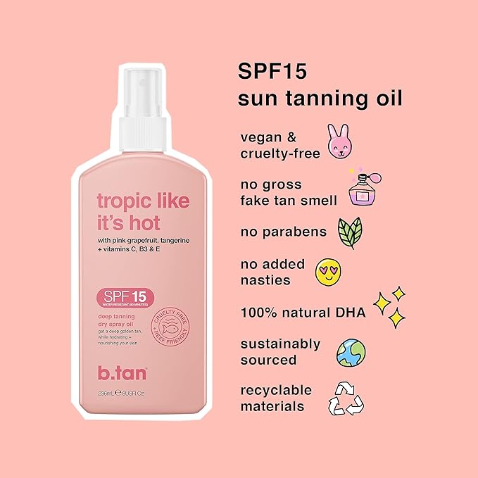 b.tan SPF 15 Deep Dry Spray Tanning Oil | Tropic Like It's Hot - Keeps Skin Hydrated & Hot from Grapefruit, Tangerine, Vitamins C, B5, E, A, 8 Fl Oz