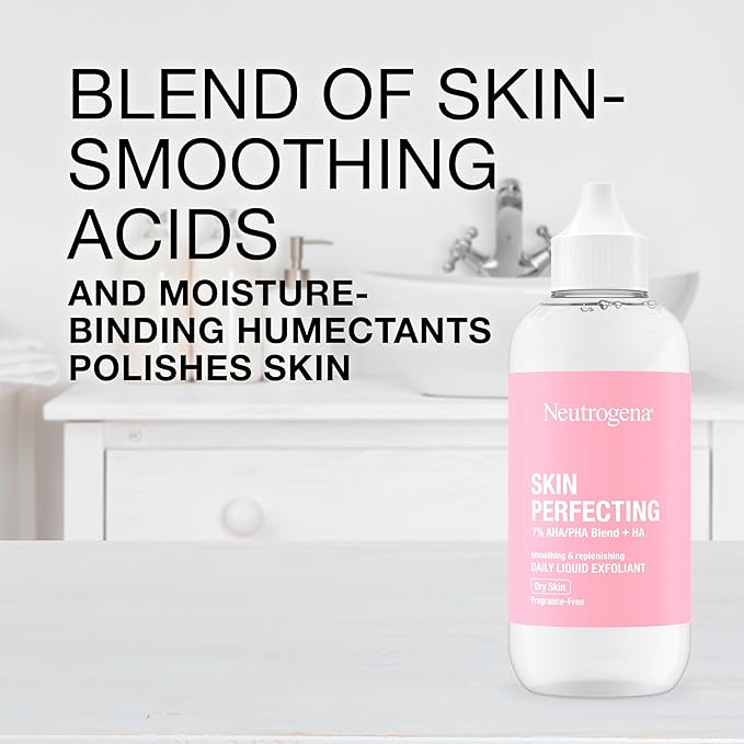 Neutrogena Skin Perfecting Daily Liquid Facial Exfoliant with 7% AHA/PHA Blend + HA to Smooth, Exfoliate & Replenish Dry Skin, Leave-On Face Exfoliator, Oil- & Fragrance-Free, 4 fl. oz
