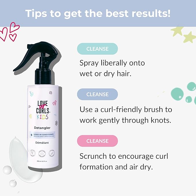 Love Ur Curls Kids Detangler Leave in Conditioner Spray, Pediatrician Approved, Moisturizing, Hydrates and Conditions, Vegan, Easy to Detangle Curly Hair, Sulfate & Paraben Free, 250mL