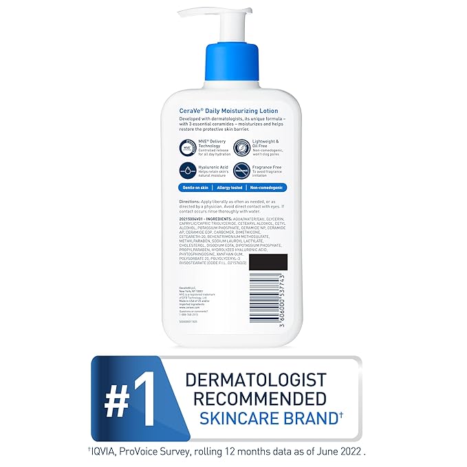 CeraVe Daily Moisturizing Lotion for Dry Skin, Body Lotion & Face Moisturizer with Hyaluronic Acid and Ceramides, Daily Moisturizer, Fragrance Free, Oil-Free, 12 Ounce