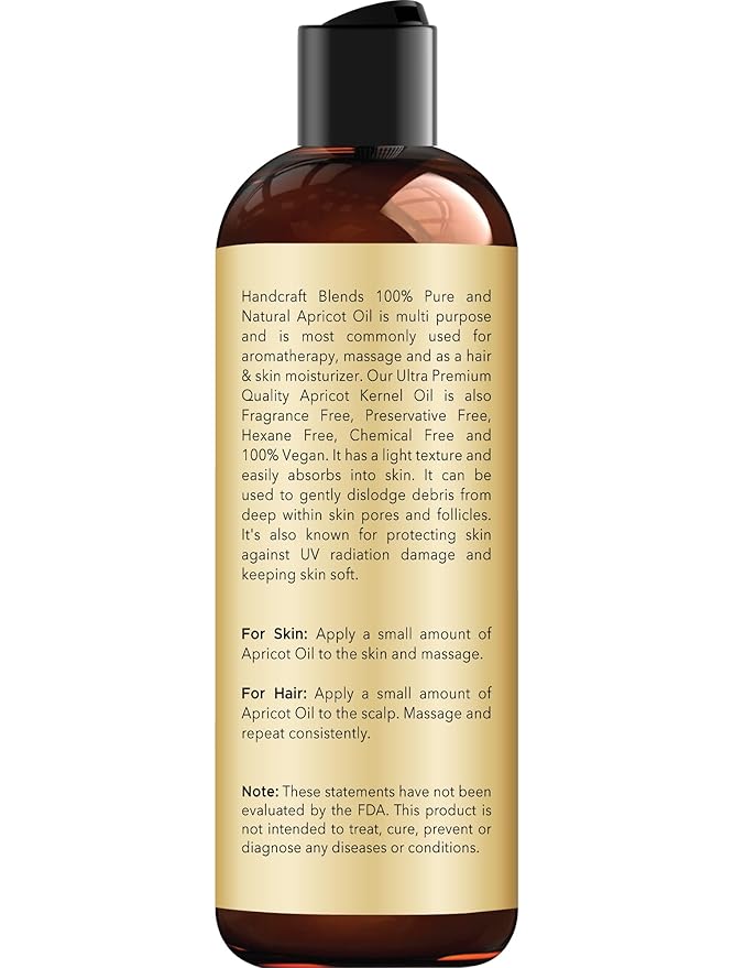 Handcraft Blends Apricot Kernel Oil - Cold-Pressed 8 Fl Oz - 100% Pure and Natural - Premium Grade Carrier Oil for Skin and Hair - Hair and Body - Massage - Hexane-Free