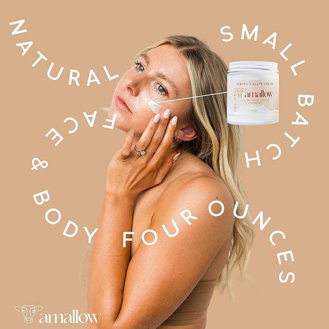 100% Grass Fed Beef Tallow for Skin Care - Face + Body - Whipped Moisturizer for Sensitive Skin - Natural Lotion, 4 FL. oz. (Unscented)