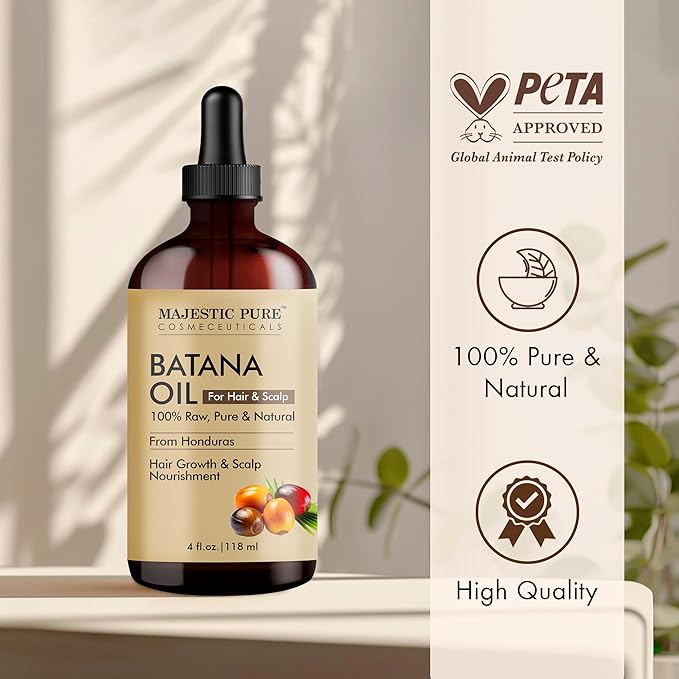 Majestic Pure Batana Oil for Hair & Scalp Nourishment, Strengthening, Nourishing, Voluminizing - Non GMO Verified, 4 Fl Oz