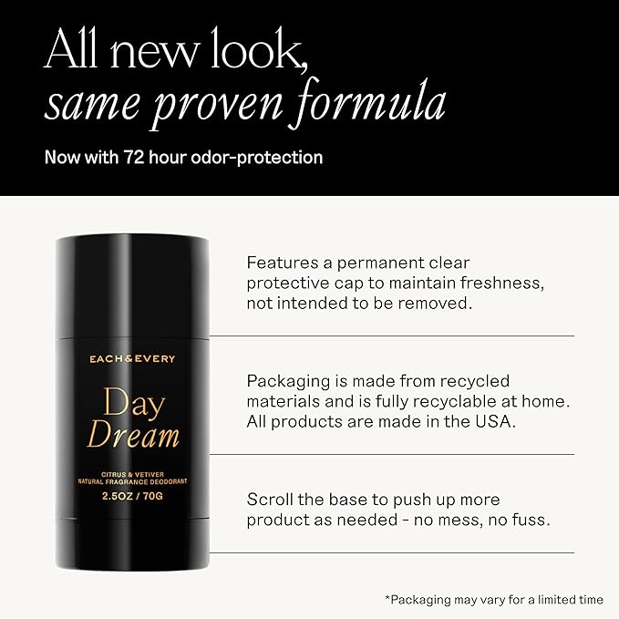 Each & Every Aluminum Free Deodorant for Women & Men, Citrus & Vetiver - All Natural Deodorant for Sensitive Skin, EWG Verified - Clean, Baking Soda-Free, Plant-Based Fragrance - 2.5oz, 2 Pack