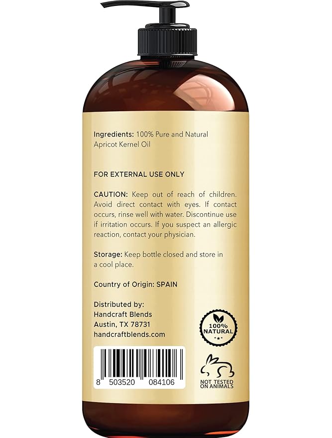 Handcraft Blends Apricot Kernel Oil - Cold-Pressed 16 Fl Oz - 100% Pure and Natural - Premium Grade Carrier for Skin and Hair - Hair and Body - Massage - Hexane-Free