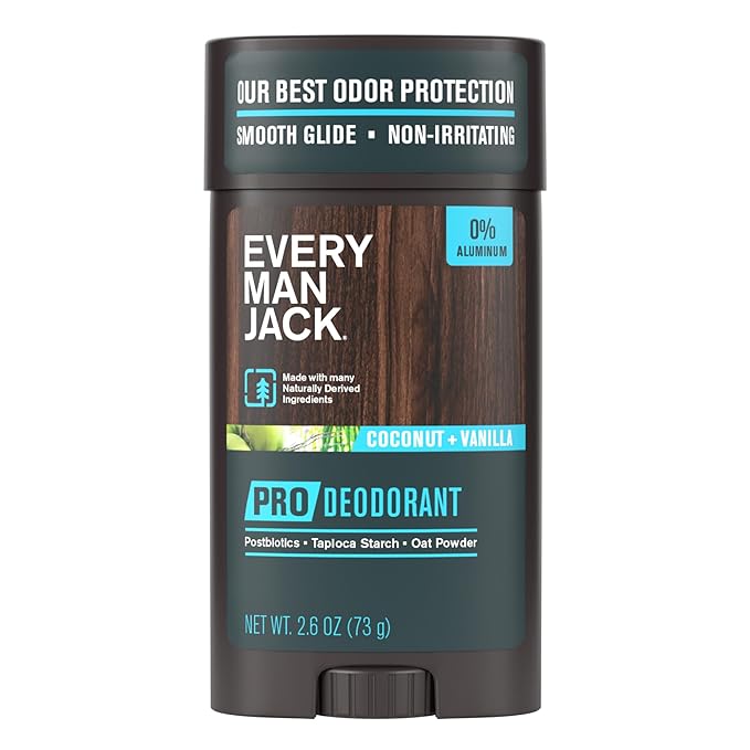 Every Man Jack Men's Pro Deodorant - 48-Hour Odor Defense Blend - Aluminum Free - Contains Postbiotics, Tapioca Stach & Oat Powder - Coconut + Vanilla Scent - 2.6 oz (1 Pack)