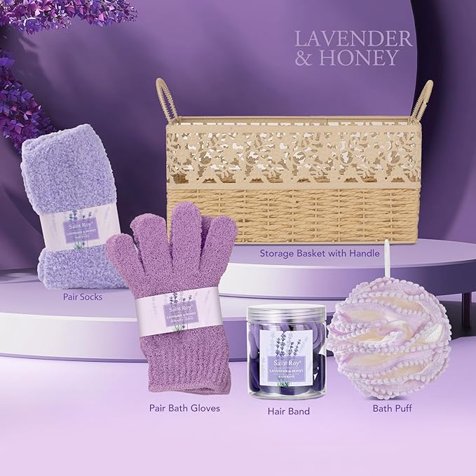 Luxury Bath & Body Set For Women LAVENDER & HONEY Large Spa Basket 13Pcs Luxurious Bath Spa Kit for women, Mother Day Gifts Perfect Spa Kit Bath Gift Set Spa Day Gifts Birthday Gift Baskets for Women