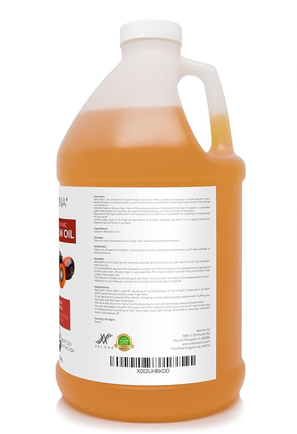 velona USDA Certified Organic Red Palm Oil 1 Gallon / 128 Fl Oz | Food and Cosmetic Grade | in jar | Extra Virgin, Cold Pressed | Skin, Face, Body, Hair Care | Use Today - Enjoy Results