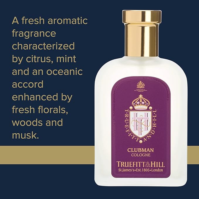 Truefitt & Hill Luxury Cologne - Premium Long-Lasting Bergamot and Lavender Men's Clubman Scented Fragrance, Presented in a Beautifully Etched Traditional Atomizer Bottle - 3.38 oz.