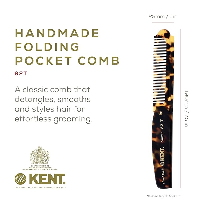 Kent 82T Handmade Folding Pocket Comb for Men, Fine Tooth Hair Comb Straightener for Everyday Grooming Styling Hair, Beard or Mustache, Use Dry or with Balms, Saw Cut Hand Polished, Made in England