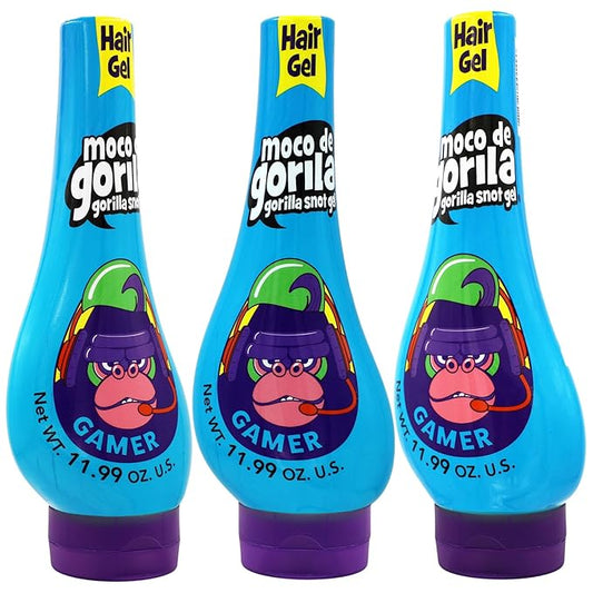 Moco de Gorila Gamer, Hair Styling Gel, Long-Lasting Hold, Reactivatable with Water, 3-Pack of 11.92 Oz Each, 3 Squeezable Bottles.