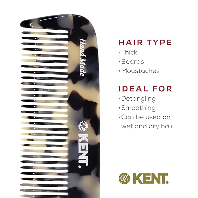 Kent 12T TW Wide Tooth Detangling Comb - 5.5" Handmade Pocket Comb for Thick, Curly, and Wavy Hair, Large Tooth Grooming Comb for Hair, Beard, and Mustache - Saw-Cut and Hand Polished