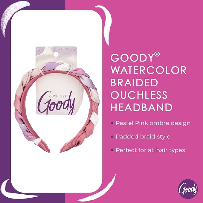 GOODY Ouchless Headband For All Hair Types - Watercolor, Pink - Comfort Fit for All-Day Wear - Beautiful Design for Instant Style - Pain-Free Hair Accessories for Women, Men, Boys & Girls