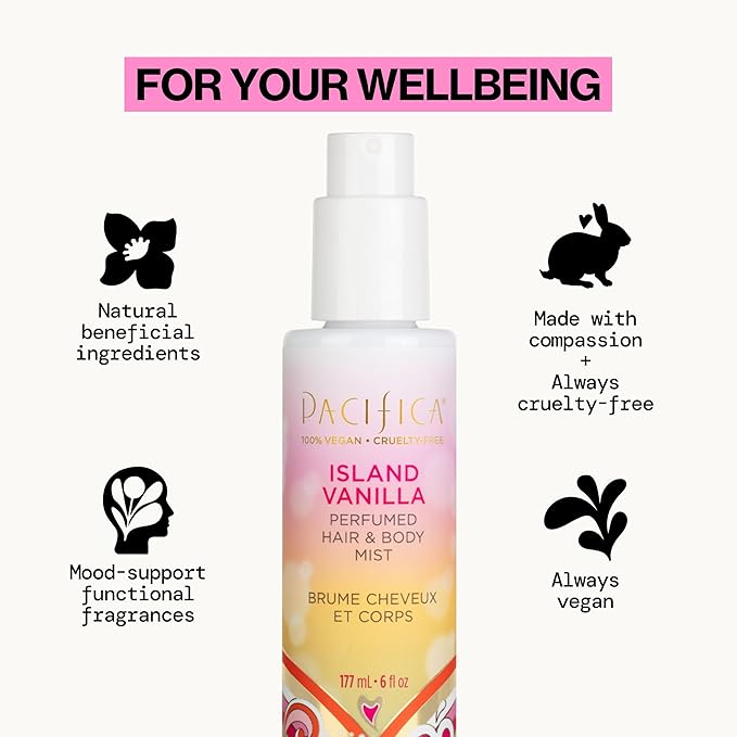 Pacifica Mini Island Vanilla Hair Mist Perfume and Full Body Spray for Women - Body Mist Fragrance Spray for A Mood-Lifting Experience, Paraben-Free, Clean Beauty Alcohol-Free, Vegan 2 oz
