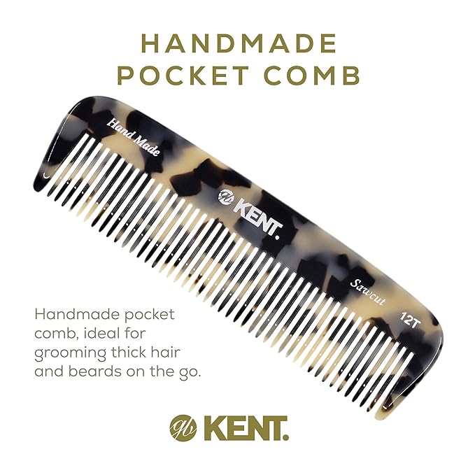 Kent 12T TW Wide Tooth Detangling Comb - Handmade Large Pocket Comb for Thick, Curly, and Wavy Hair Grooming - Saw-Cut Beard and Mustache Comb