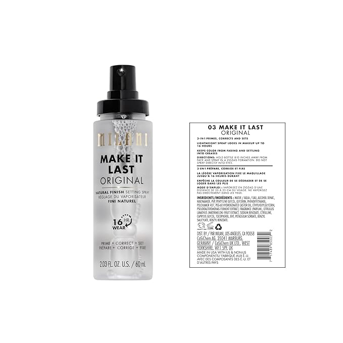 Milani Make It Last Original - Natural Finish Setting Spray 3-in-1 Setting Spray and Primer- Prime + Correct + Set Makeup Finishing Spray and Primer - Long Lasting Makeup Primer and Spray 2.03 Fl. Oz