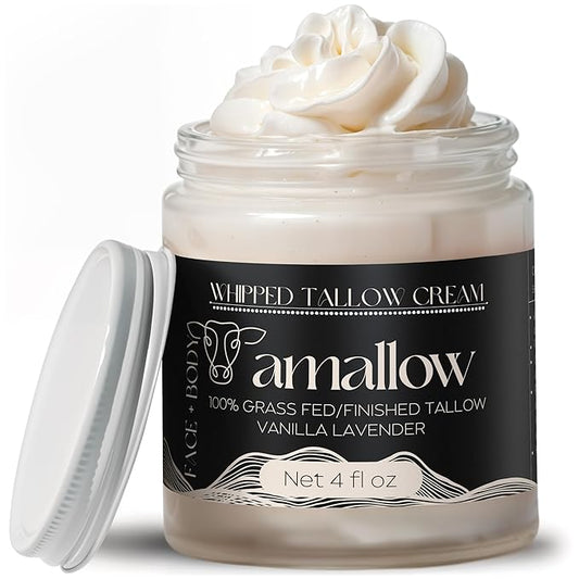 100% Grass Fed Beef Tallow for Skin Care - Face + Body - Whipped Moisturizer - Natural Lotion, 4 FL. oz. (Vanilla Lavender)