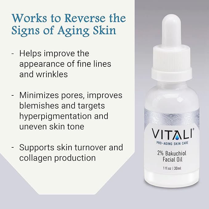 Vitali Premium 2% Bakuchiol Facial Oil: Premium Natural Retinol Alternative for Age and Wrinkle Reduction, and Soothing Irritated Skin, Boosts Copper Peptide Absorption- 1 fl. oz.