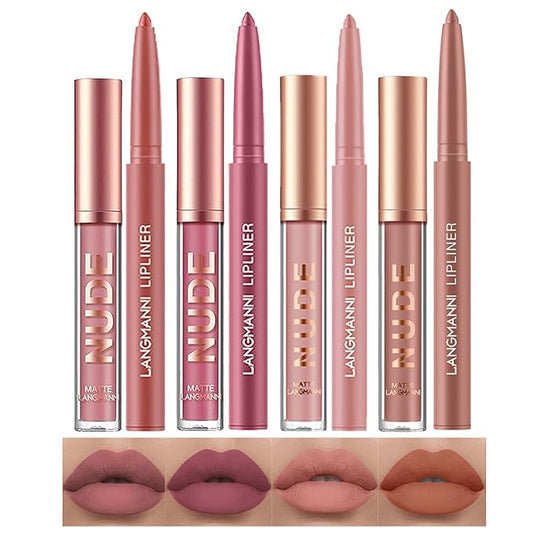 LANGMANNI 4pcs Matte Lipstick with Lipliners Durable Makeup Set,Long-Lasting Non-Stick Cup Not Fade Waterproof Pigmented Velvet Lipgloss Kit Beauty Cosmetics Makeup Gift for Girls(#1+2+8+11)
