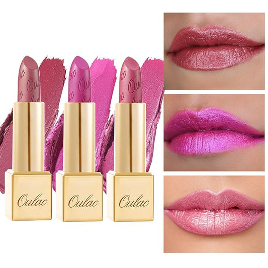 Oulac Metallic Pink Lipstick Set 3PCS High Impact Lipcolor with Moisturizing Formula, Vegan Beauty, Full-Coverage Lip Color, Christmas Gifts for Women, 4.3g X 3PCS