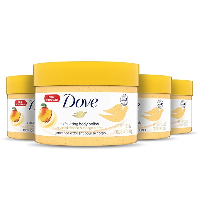 Dove Exfoliating Body Polish Body Scrub Crushed Almond and Mango Butter 4 Count Exfoliating Scrub for Dry Skin Gently Exfoliates to Reveal Healthy Skin 10.5 oz
