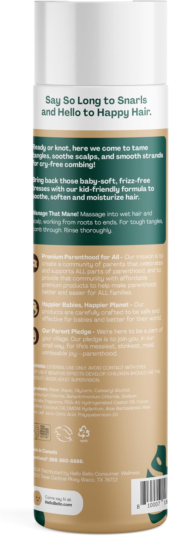Hello Bello Kids Conditioner, Gentle Hypoallergenic Tear-Free Formula, Vegan and Cruelty-Free, Creamy Coconut Scented, 10 fl oz