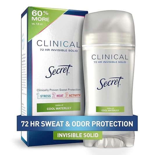 Secret Clinical Strength Antiperspirant Deodorant for Women, 3X Stress Protection, 72hr Sweat & Odor Protection, PH Balancing Minerals, Invisible Solid, Cool Waterlily Scent, 2.6 oz