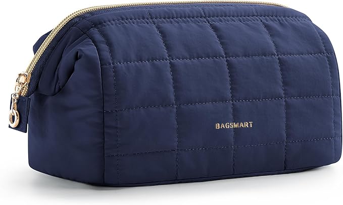 BAGSMART Makeup Bag Travel Toiletry Bag, Puffy Padded Make Up Bags for Women Makeup Organizer Case, Wide-open Pouch Purse Travel Essentials Toiletries Accessories Brushes, Navy Blue