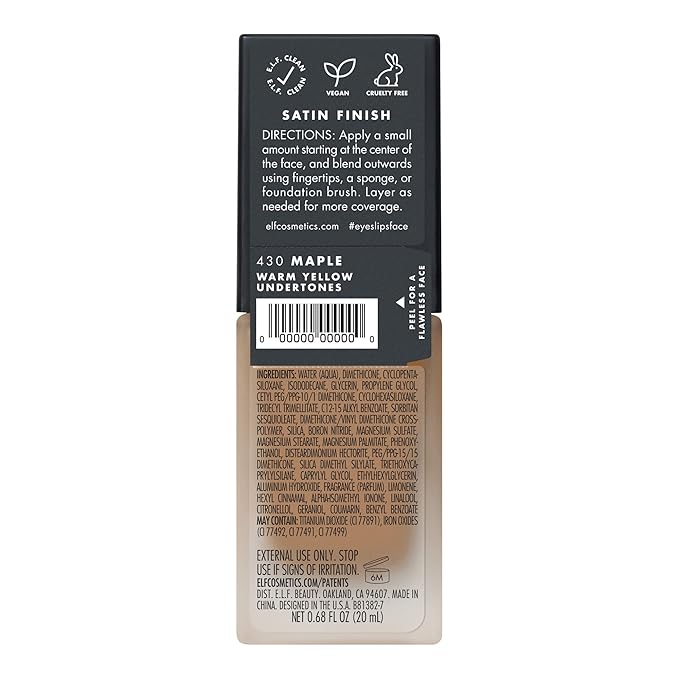 e.l.f. Flawless Satin Foundation, Lightweight & Medium Coverage, Semi-Matte Finish, Vegan & Cruelty-Free, Maple, 0.68 Fl Oz (20mL)