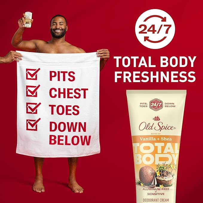 Old Spice Whole Body Deodorant for Men, Total Body Deodorant, Vanilla + Shea, Aluminum Free Deodorant Cream for 24/7 Freshness // Dermatologist Tested Whole Body Deodorant, 3.0 oz