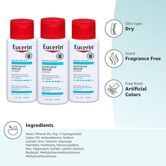 Eucerin Intensive Repair Lotion - Rich Lotion for Very Dry, Flaky Skin - 5 fl. oz. Bottle (Pack of 3)