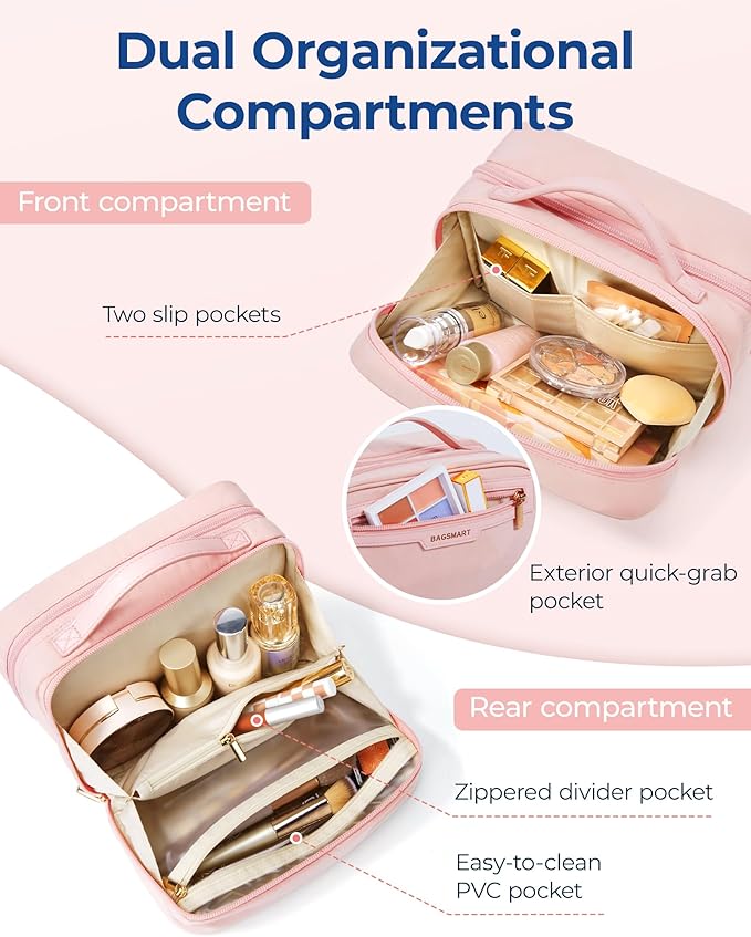 BAGSMART Travel Makeup Bag Large Capacity Cosmetic Bag, Wide-open Portable Make Up Bag Organizer for Women for Travel Essentials Toiletries Accessories Bottles, Brushes, Pink