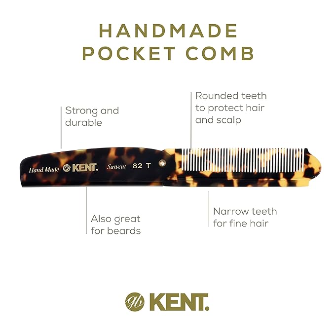 Kent 82T Handmade Folding Pocket Comb for Men, Fine Tooth Hair Comb Straightener for Everyday Grooming Styling Hair, Beard or Mustache, Use Dry or with Balms, Saw Cut Hand Polished, Made in England