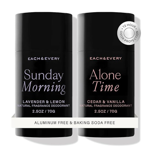 Each & Every Aluminum Free Deodorant for Women & Men, Lavender & Lemon + Cedar & Vanilla - All Natural Deodorant for Sensitive Skin, EWG Verified - Clean, Baking Soda-Free, Plant-Based - 2.5oz, 2 Pack