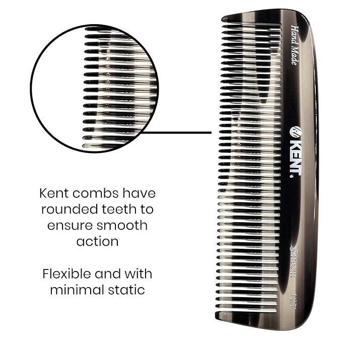 Kent 12T Wide Tooth Detangling Comb - Handmade Pocket Grooming Tool for Thick, Curly, Wavy Hair, Beards and Mustaches - SawCut and Hand Polished