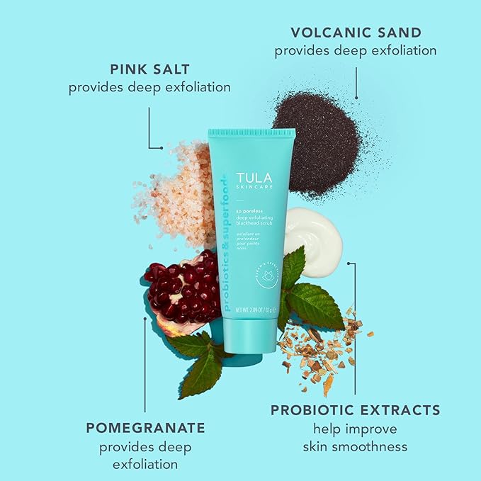 TULA Skin Care So Poreless Exfoliating Blackhead Scrub - Powerful and Gentle Exfoliation, Refreshing and Smoothing, Contains Probiotic Extracts, Volcanic Sand, Pink Salt, and Witch Hazel, 2.89 oz.