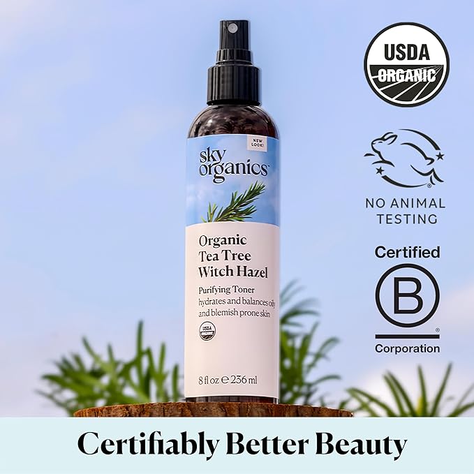 Sky Organics Organic Tea Tree & Witch Hazel for Face, Purifying Facial Toner to Hydrate, Soothe, Cleanse and Balance Blemish-Prone Skin, Helps Minimize the Appearance of Pores, 8 fl oz
