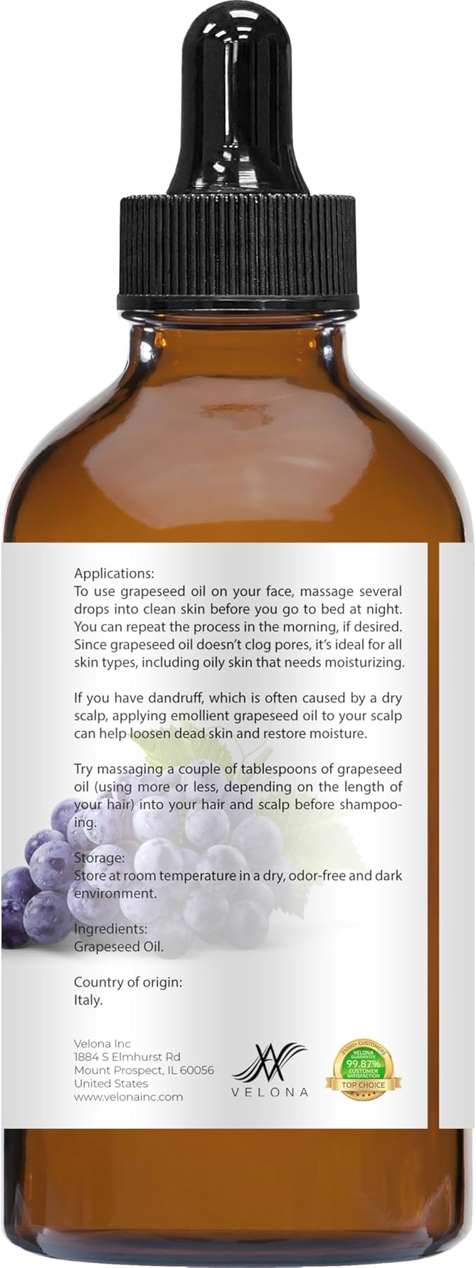velona Grapeseed Oil 4 fl oz | 100% Pure and Natural Carrier Oil | Refined, Cold pressed | Skin, Face, Body, Hair Care | Use Today - Enjoy Results