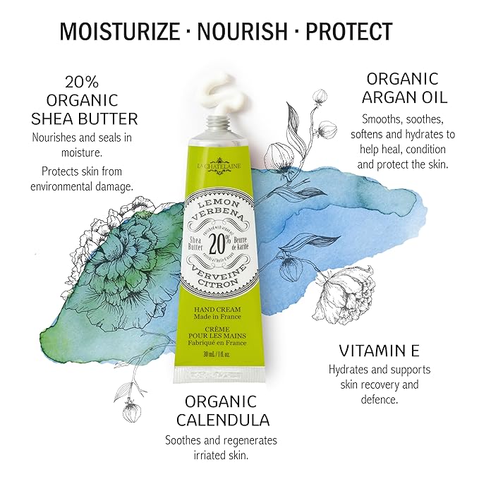 La Chatelaine 20% Shea Butter Hand Cream Travel Size, Organic Argan Oil, Moisturizing, Nourishing, Repairing, Extra-Rich Hand Lotion, Made in France, Paraben Free, 1 oz / 30ml (Lemon Verbena)