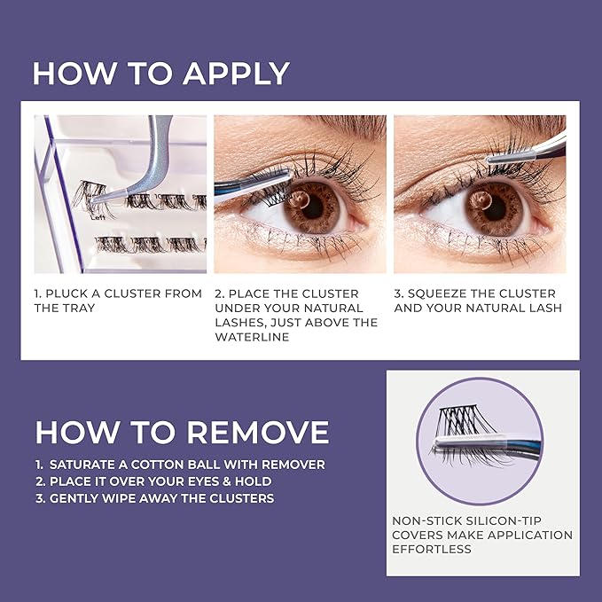 KISS imPRESS Falsies Long Lasting Self Adhesive Eyelashes, ‘Demi Wispy’, 5 Day Extended Wear, 24 Light Volume Lash Clusters (5,6,8,10,12, & 14mm), Precision Non-Stick Applicator