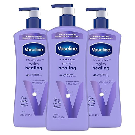 Vaseline Intensive Care Calm Healing Body Lotion 3 count for Dry Skin Made with Ultra-Hydrating Lipids and Lavender Extract to Heal and Restore Dry Skin 20.3 oz