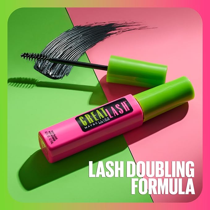 Maybelline Great Lash Washable Mascara Makeup, Volumizing Lash-Doubling Formula That Conditions As It Thickens, Blackest Black, 1 Count