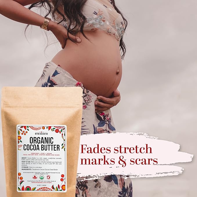 Organic Cocoa Butter Raw Unrefined, Food Grade USDA Certified Organic, for Scars, Stretch Marks Cream, Body Butter, Lip Balm and Lotion Bars, 100% Pure 1 lb Block