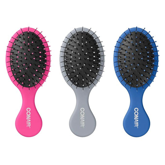 Conair Detangling 3PK mini hair brush - use wet or dry - ideal for curly or straight styles - detangler hairbrush - hairbrushes for women - great for travel - Pink, Grey, Blue