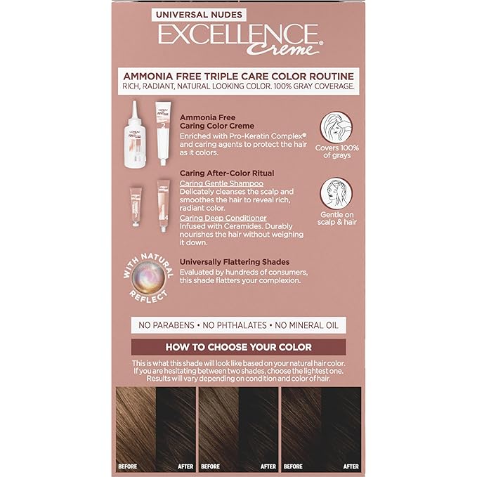 L’Oreal Paris Excellence Universal Nudes Permanent Hair Color, Ammonia Free Hair Dye for Gray Hair Coverage, 2N Natural Soft Black, 1 Hair Dye Kit