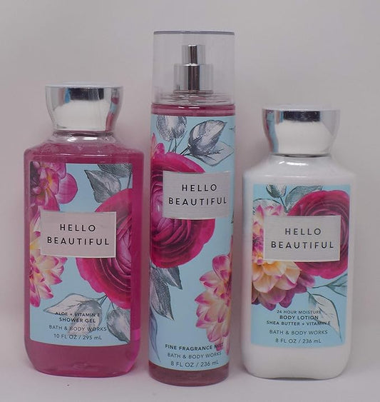 Hello Beautiful (White Gardenia, Jasmine, Magnolia, Pink Nectarine, Cotton Musk) Lot of Three Full Size 1- 10 oz Shower Gel, 1- 8 oz Body Lotion, and 1- 8 oz Fine Fragrance Mist