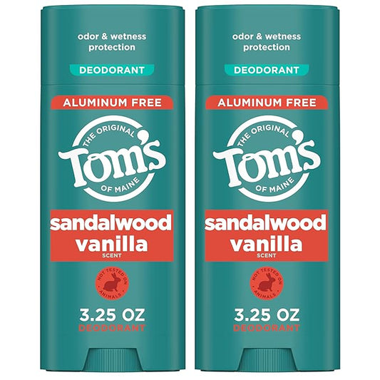 Tom's of Maine Sandalwood Vanilla Aluminum Free Natural Deodorant For Women & Men | Goes on Clear | Odor & Wetness Protection | Naturally Derived and Moisture-Locking Ingredients | 3.25 oz (2 Pack)