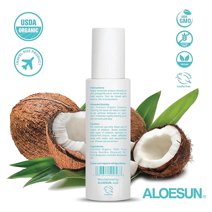 Organic Coconut Tanning Oil Spray Infused with Organic Lavender Oil | Natural Deep Tanning Accelerator | Moisturizing & Hydrating Tan | Non-Greasy | Vegan & Cruelty-Free | Travel Size 3.4 Oz