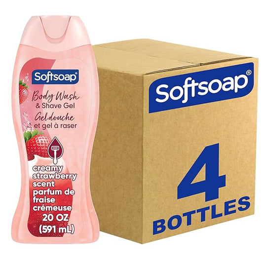 Softsoap Moisturizing Body Wash and Shave Gel, Creamy Strawberry Scent, 20 fl oz Bottle (Pack of 4)